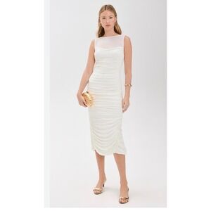 Elexiay Cream Ruched Mesh Venus Midi Dress Sleeveless Cocktail Off-White Small